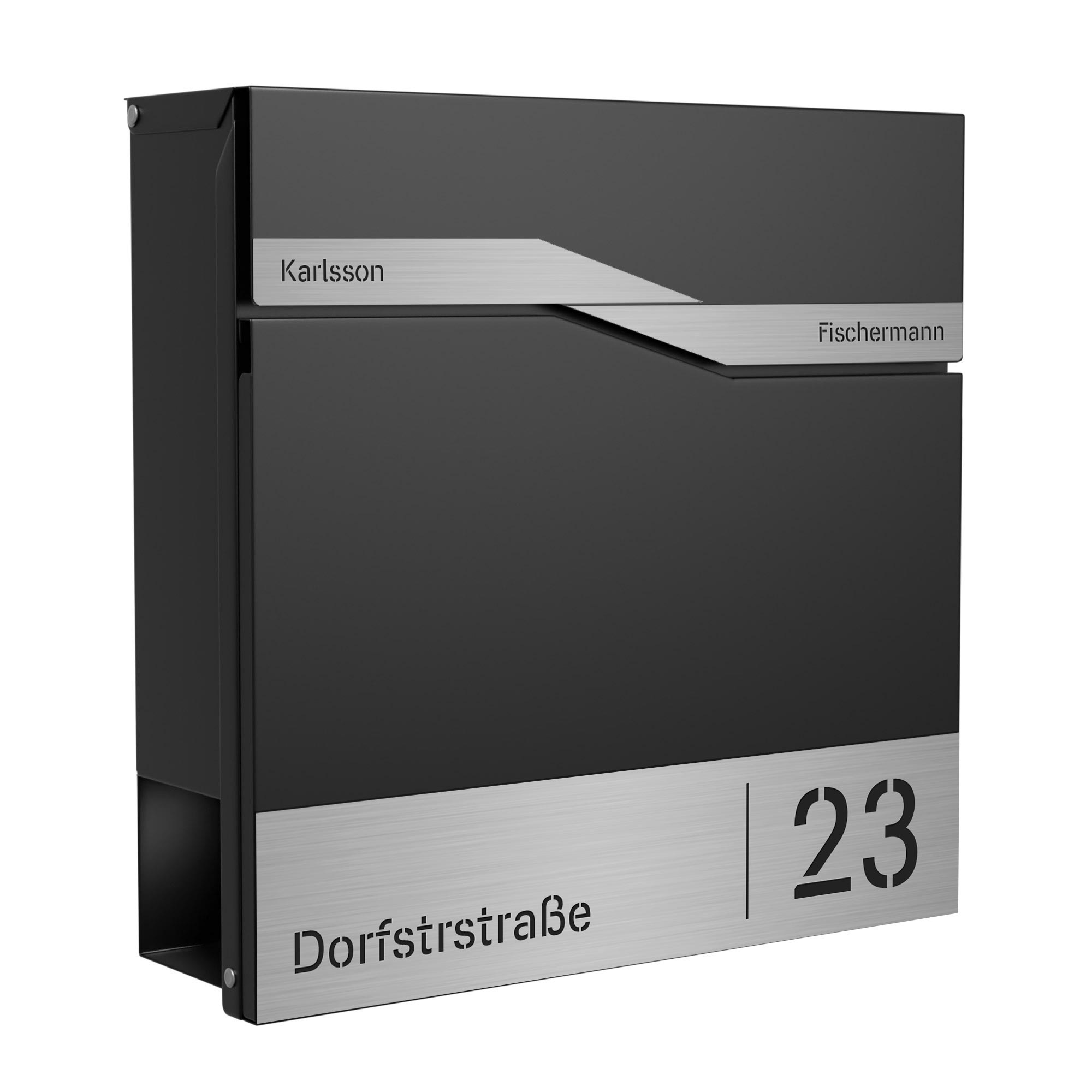 Briefkasten Trelleborg Schwarz (RAL9005) Zinkstahl mit Zeitungsfach - personalisiert mit 2 Namensschildern, Hausnummer und Straßennamen als Gravur
